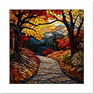 Stained Glass Autumn Scene Posters and Art